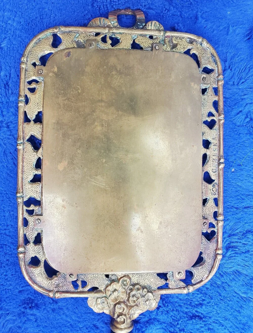Antique TOWNSHEND 19th Century Ornate Brass Vanity Hand Mirror W/ Ebony Handle
